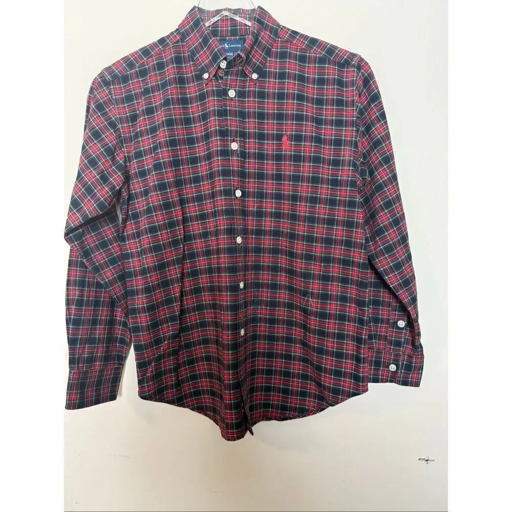 Ralph Lauren Boys Plaid Button Down Shirt M 12/14 Tartan Red Green Blue Holiday
